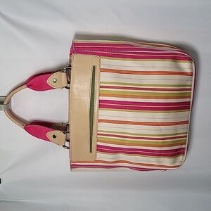 COLE HAAN Cotton Striped Bucket Bag Bright Leather Trim Mini Tote
